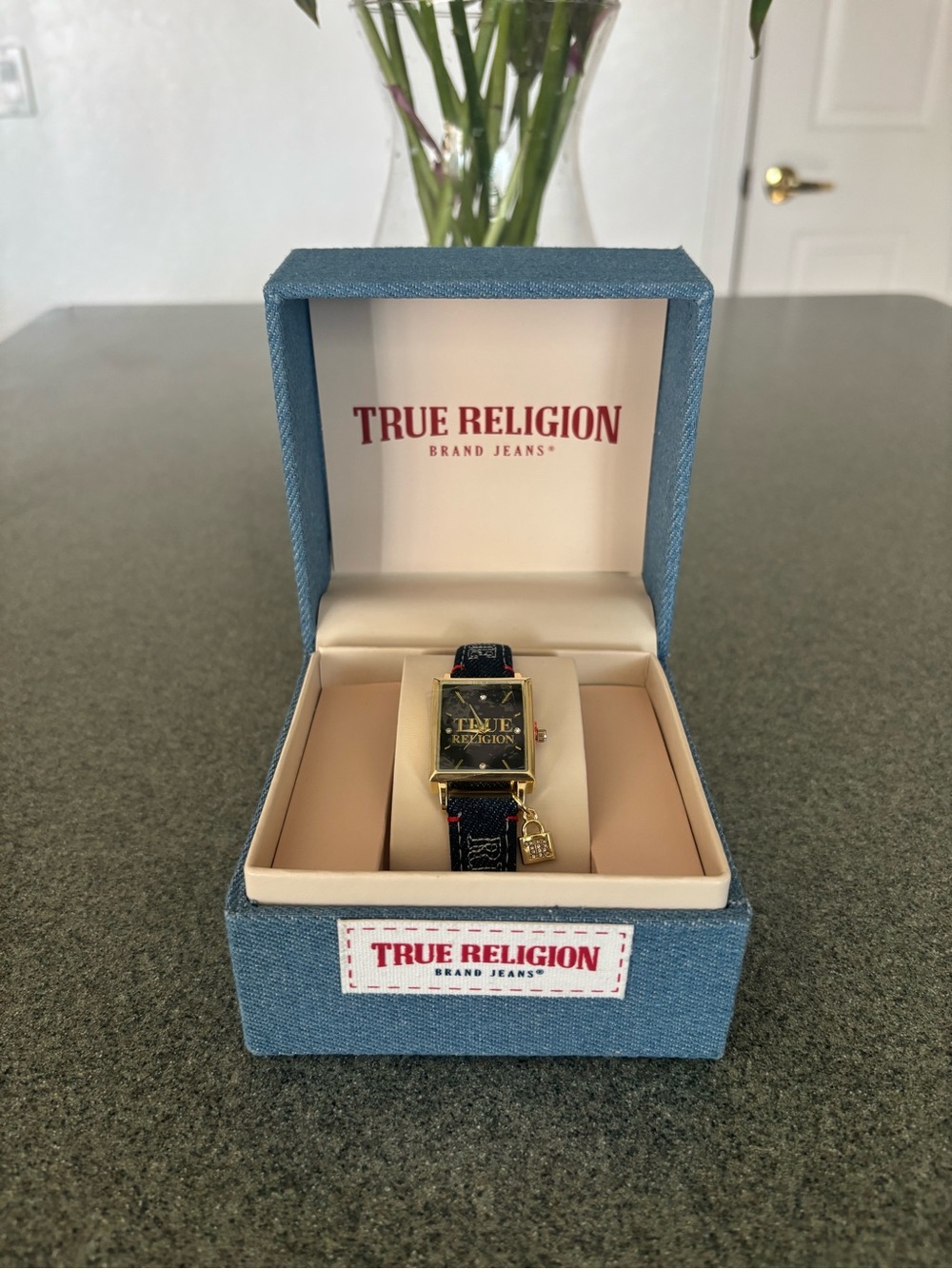 NWOT True Religion Gold Denim Strap Watch w/ Box